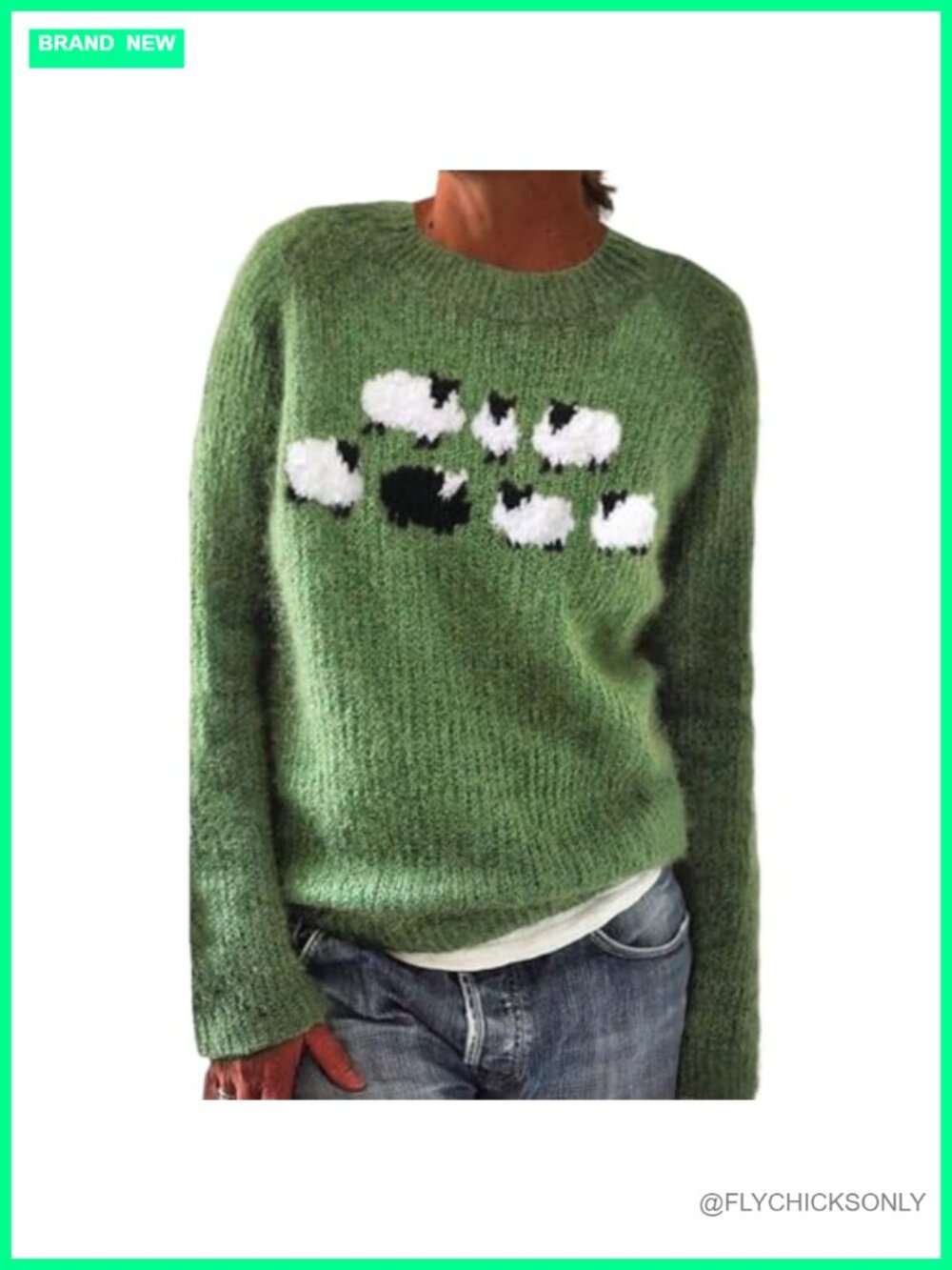 Women's Fair Isle Lambs Motif Knit Pullover Sweater Crew Neck Oversized